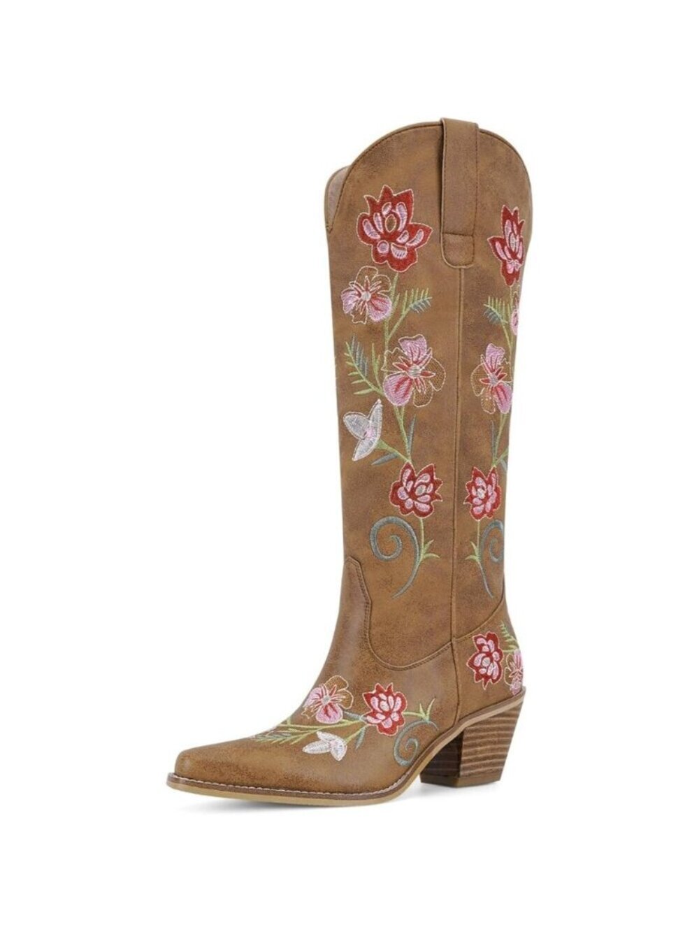 Women's Brown C Knee High Cowgirl Western Boots Pointed Toe Chunky Block Heel